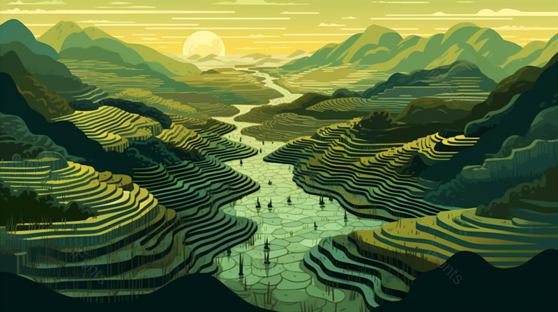初升的太阳照射下文艺风山间梯田插画,插画/手绘图,插画/手绘图库,插画/手绘图下载,插画/手绘